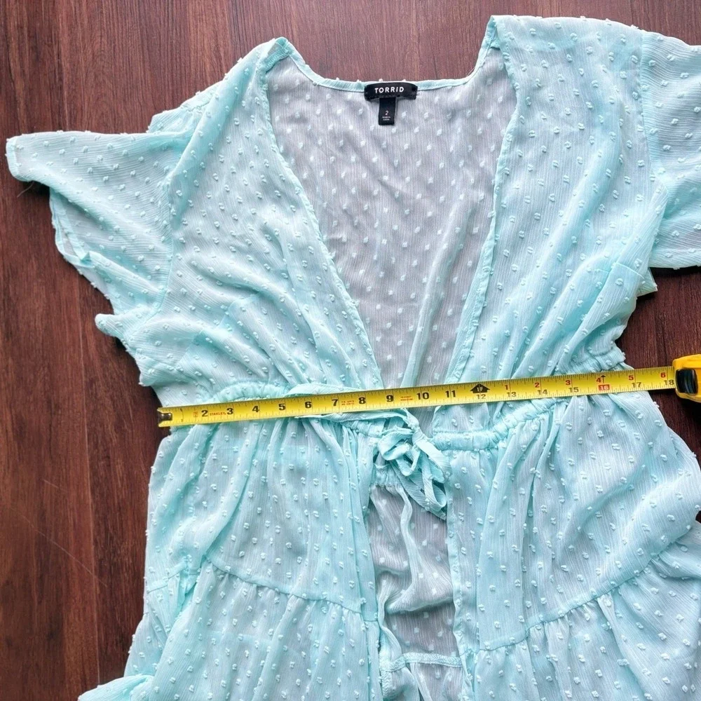 Torrid Fairycore Mint Chiffon Clip Dot Maxi Dress Deep V Flutter Sleeve 2X Aqua
